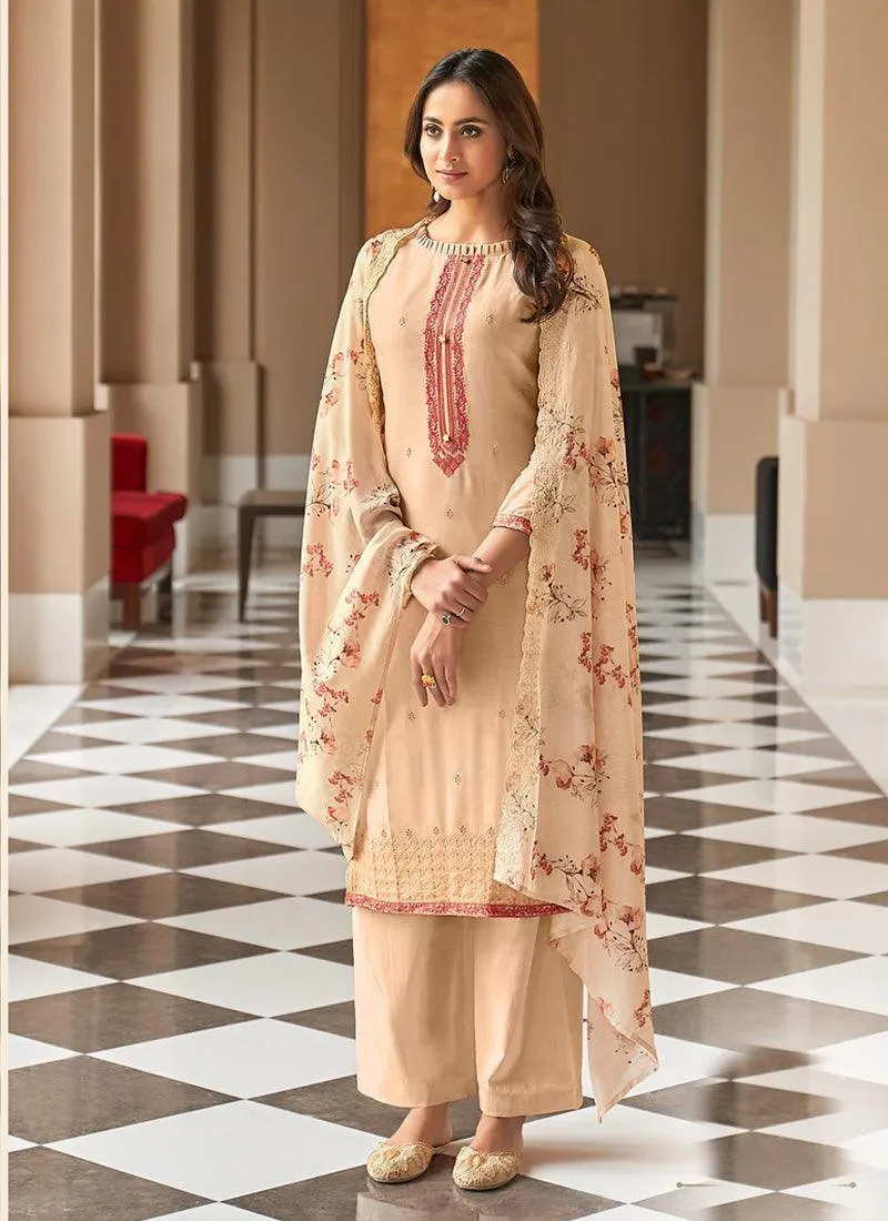 Alluring Cream Color Cotton Fabric Pant Style Salwar Suit Printed Dupatta