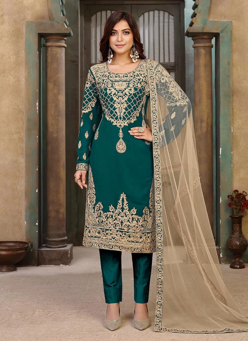 Alluring Georgette Base Green Color Pant Style Salwar Suit With Dori Work