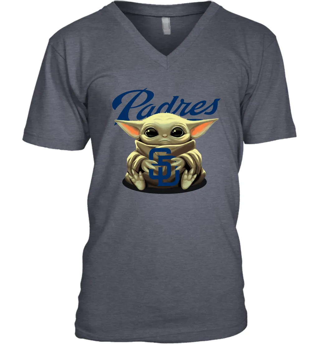 Baby Yoda Hugs Loves The San Diego Padres Baseball Mens V-Neck T-Shirt