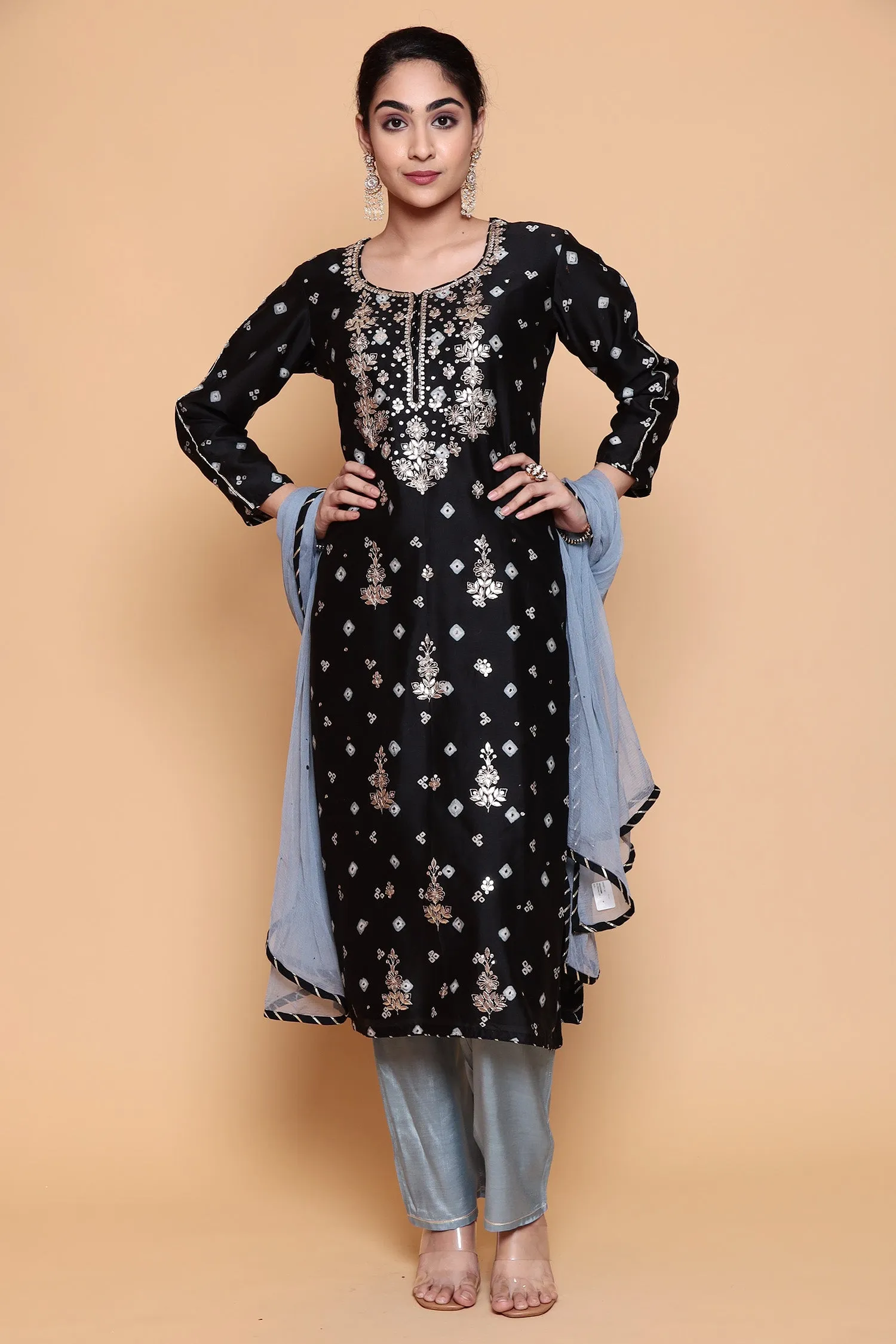 Bandhej Chanderi Suit with Gota Patti and Sequins work.