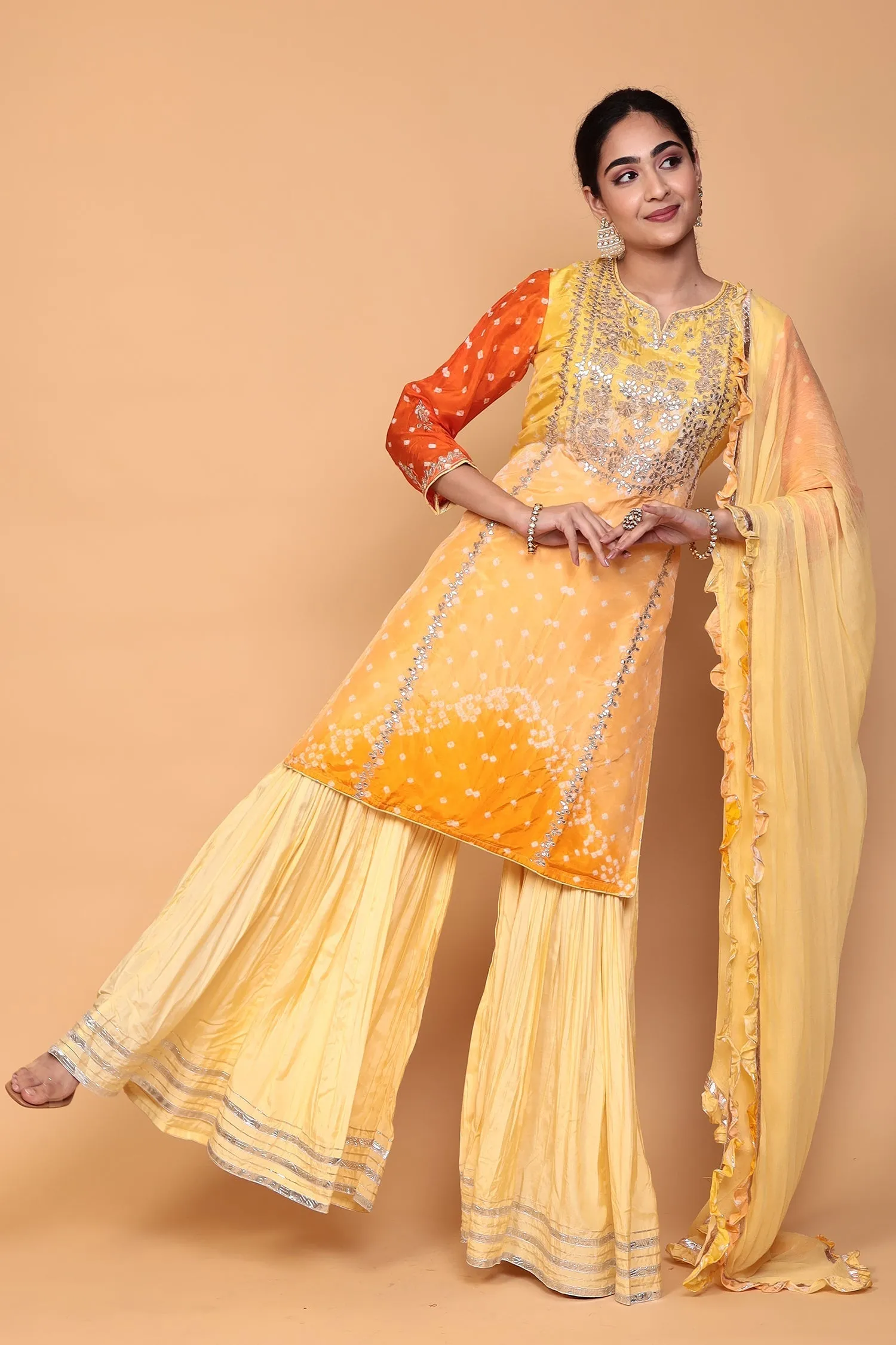 Bandhej Silk Suit with Dori, Gota Patti work.