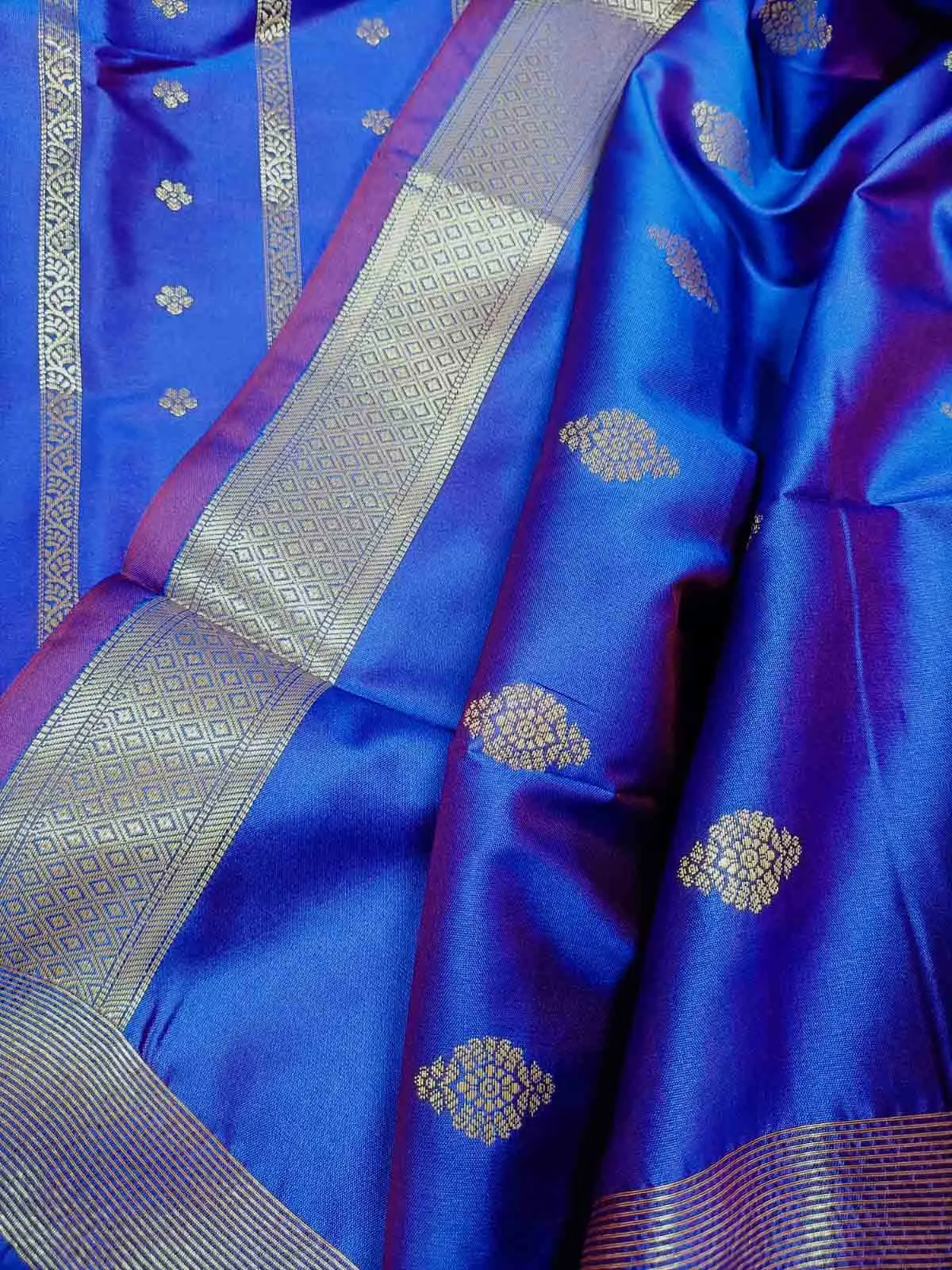 Blue And Purple Shot Banarasi Silk Three Piece Unstitched Suit Set