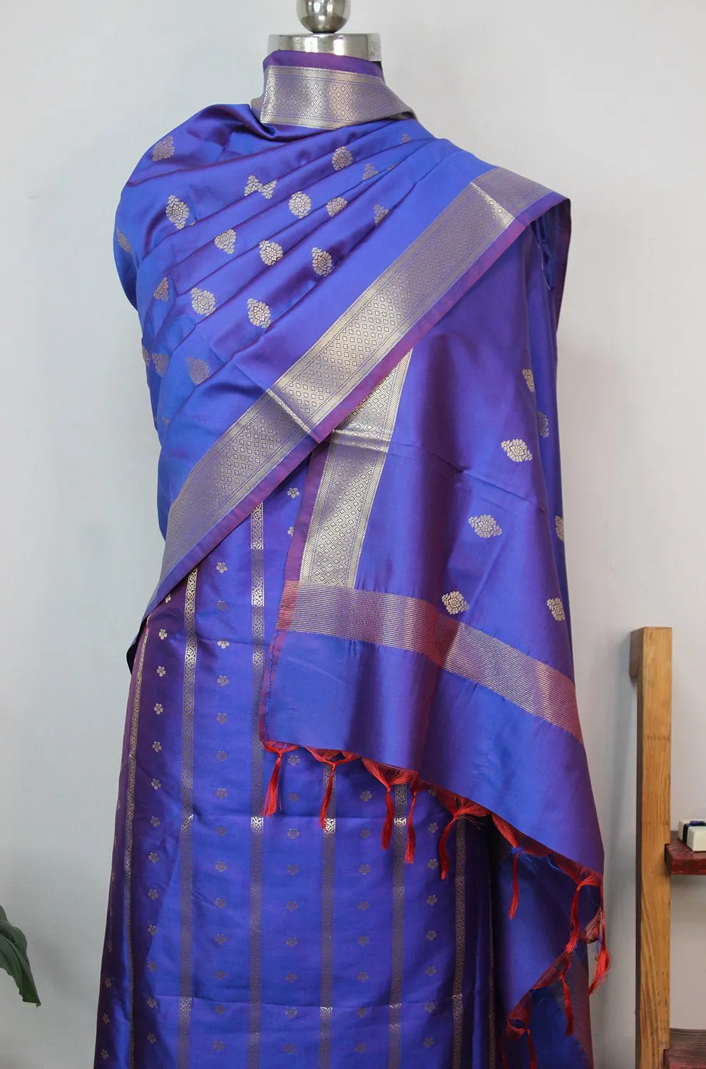 Blue And Purple Shot Banarasi Silk Three Piece Unstitched Suit Set