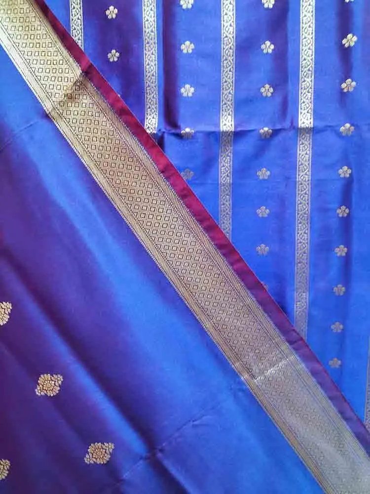 Blue And Purple Shot Banarasi Silk Three Piece Unstitched Suit Set