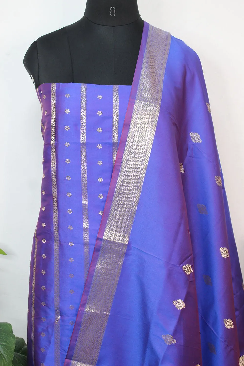 Blue And Purple Shot Banarasi Silk Three Piece Unstitched Suit Set