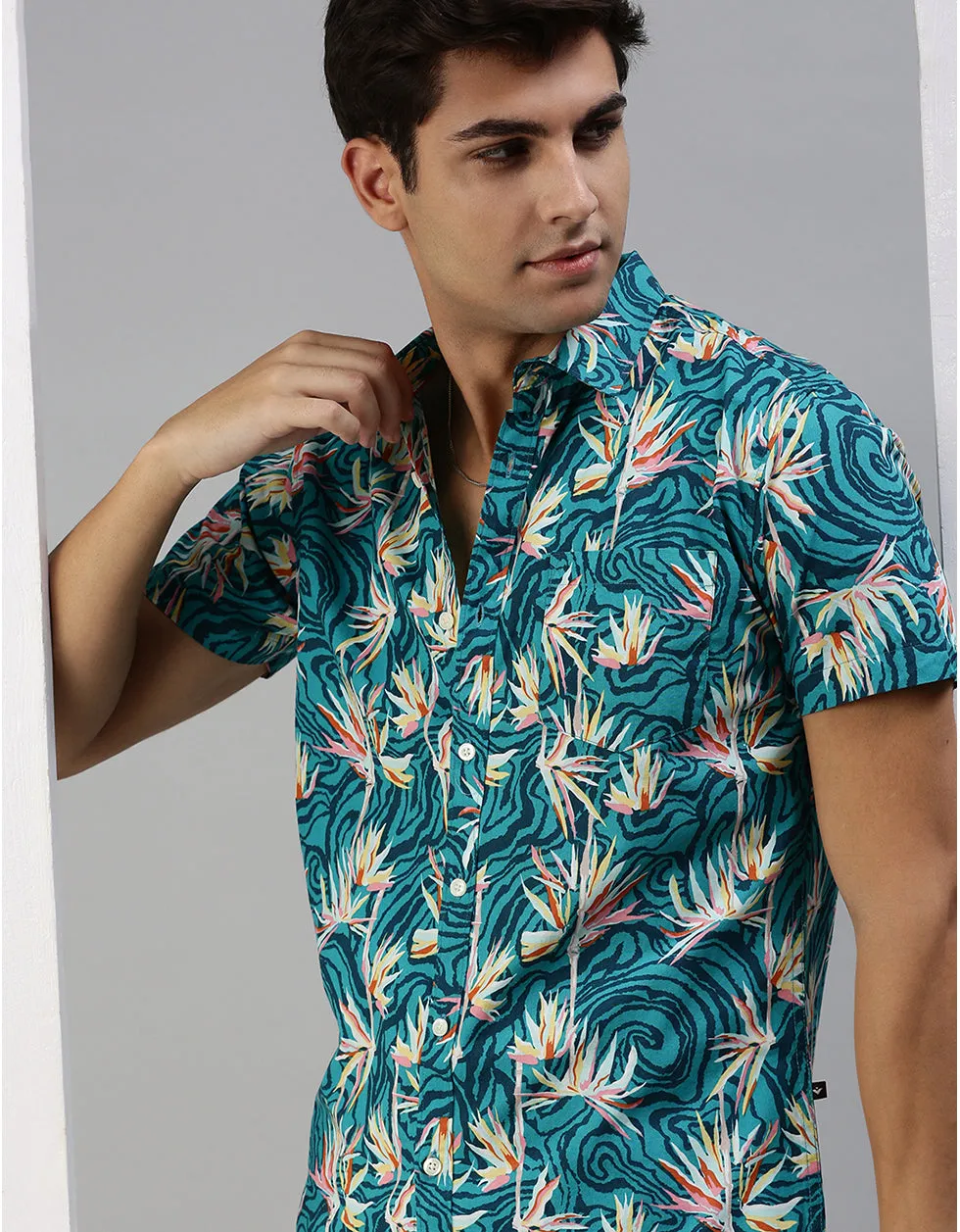 Blue Floral Printed Casual Shirt