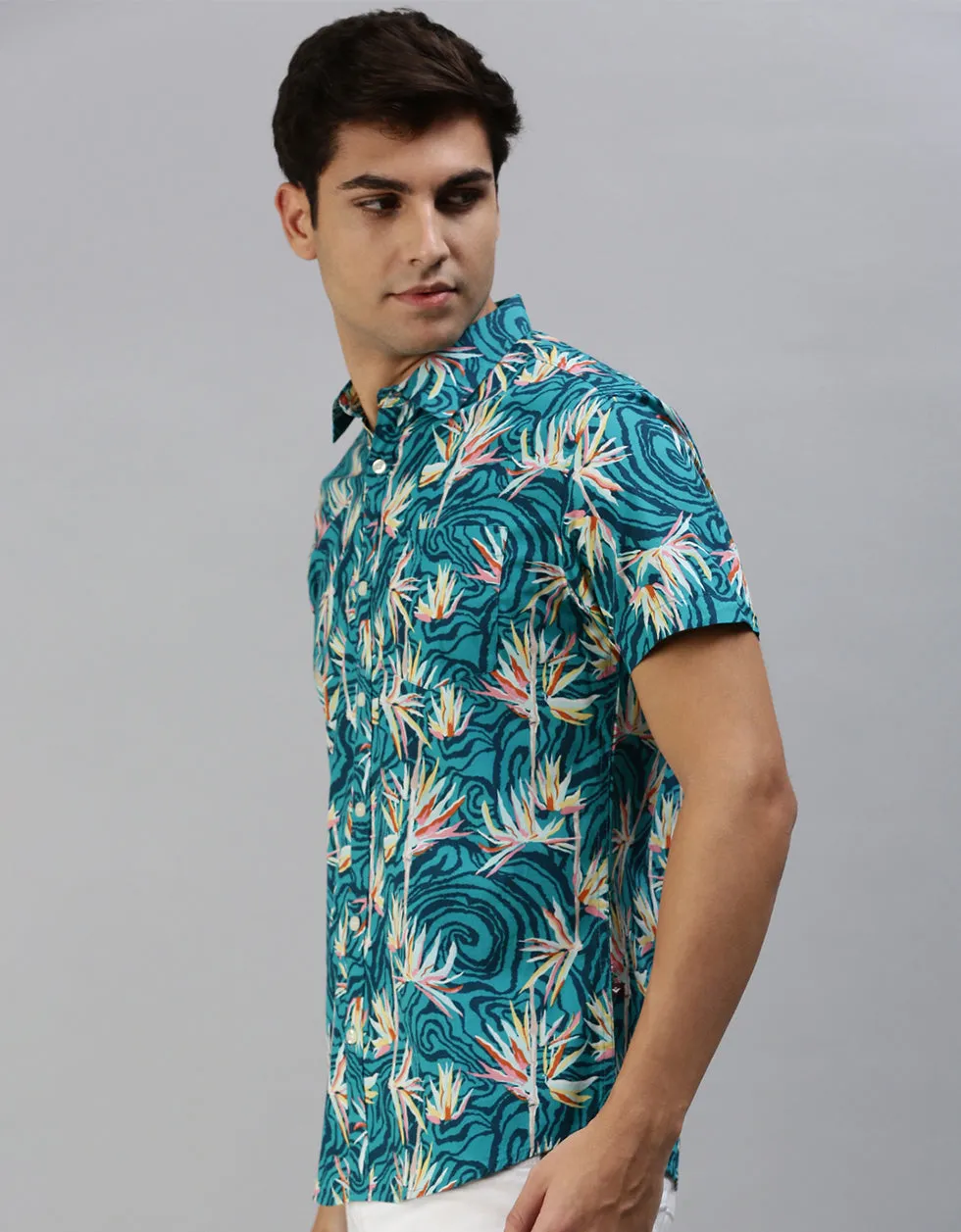 Blue Floral Printed Casual Shirt