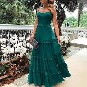 Boho Holiday Prom Dress Spaghetti Strap Sleeveless Floor Length Chiffon with Ruffles SH487