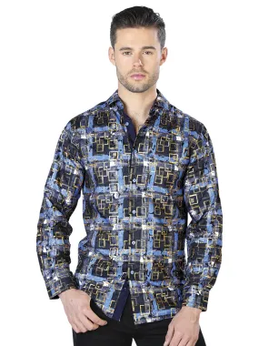 Camisa Casual Manga Larga Estampada Azul/Oro para Hombre 'El Señor de los Cielos' - ID: 44012