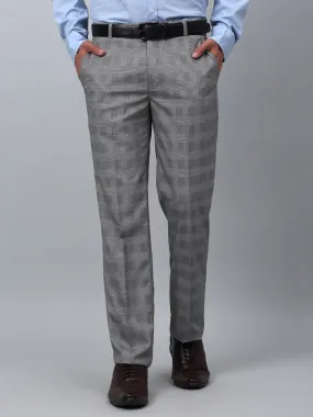 Cantabil Checkered Non Pleated Regular Fit Mid Rise Grey Formal Trousers for Men