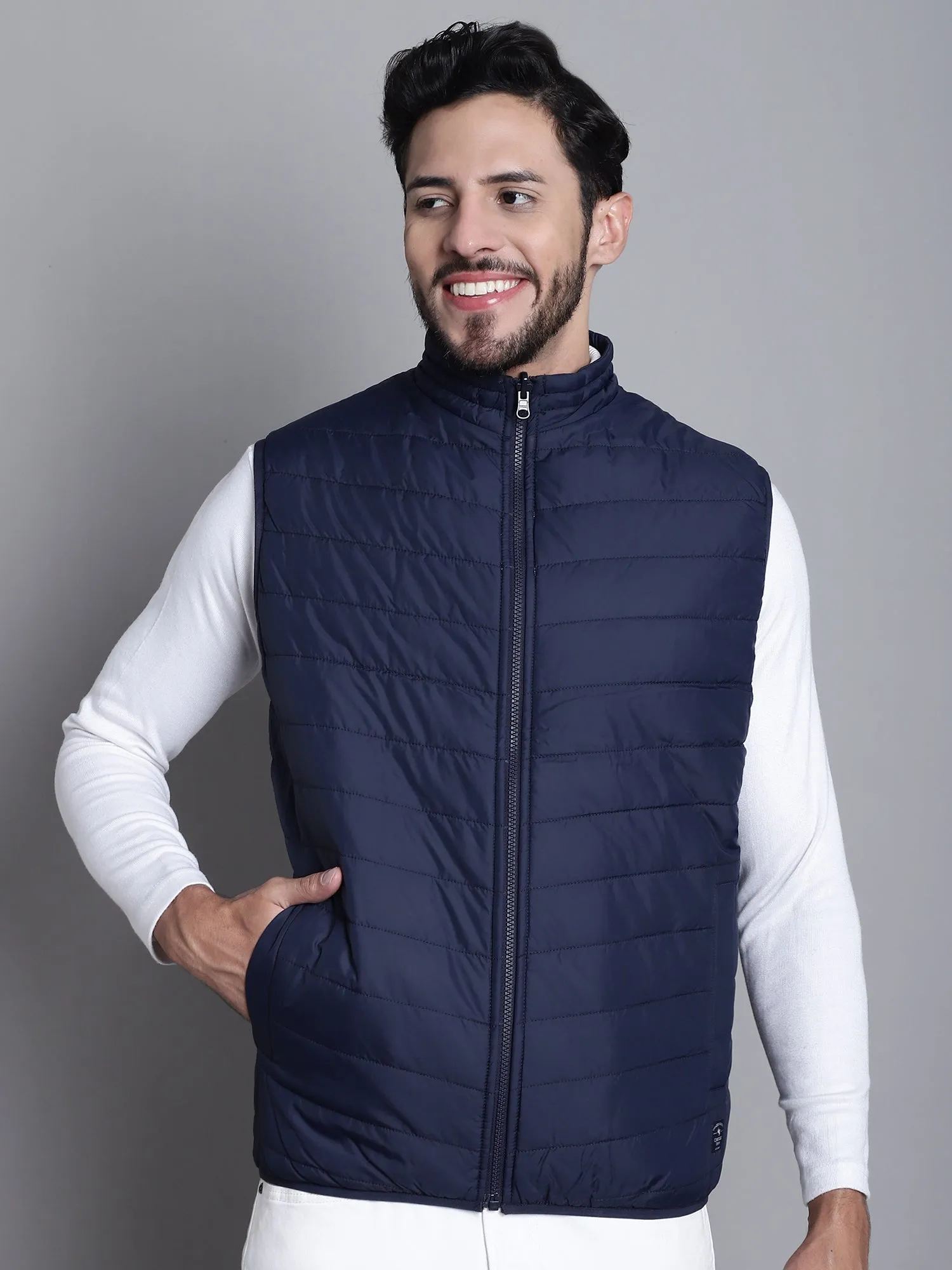 Cantabil Color-blocked Wine and Navy Sleeveless Mock Collar Regular Fit Reversible Casual Jacket For Mens