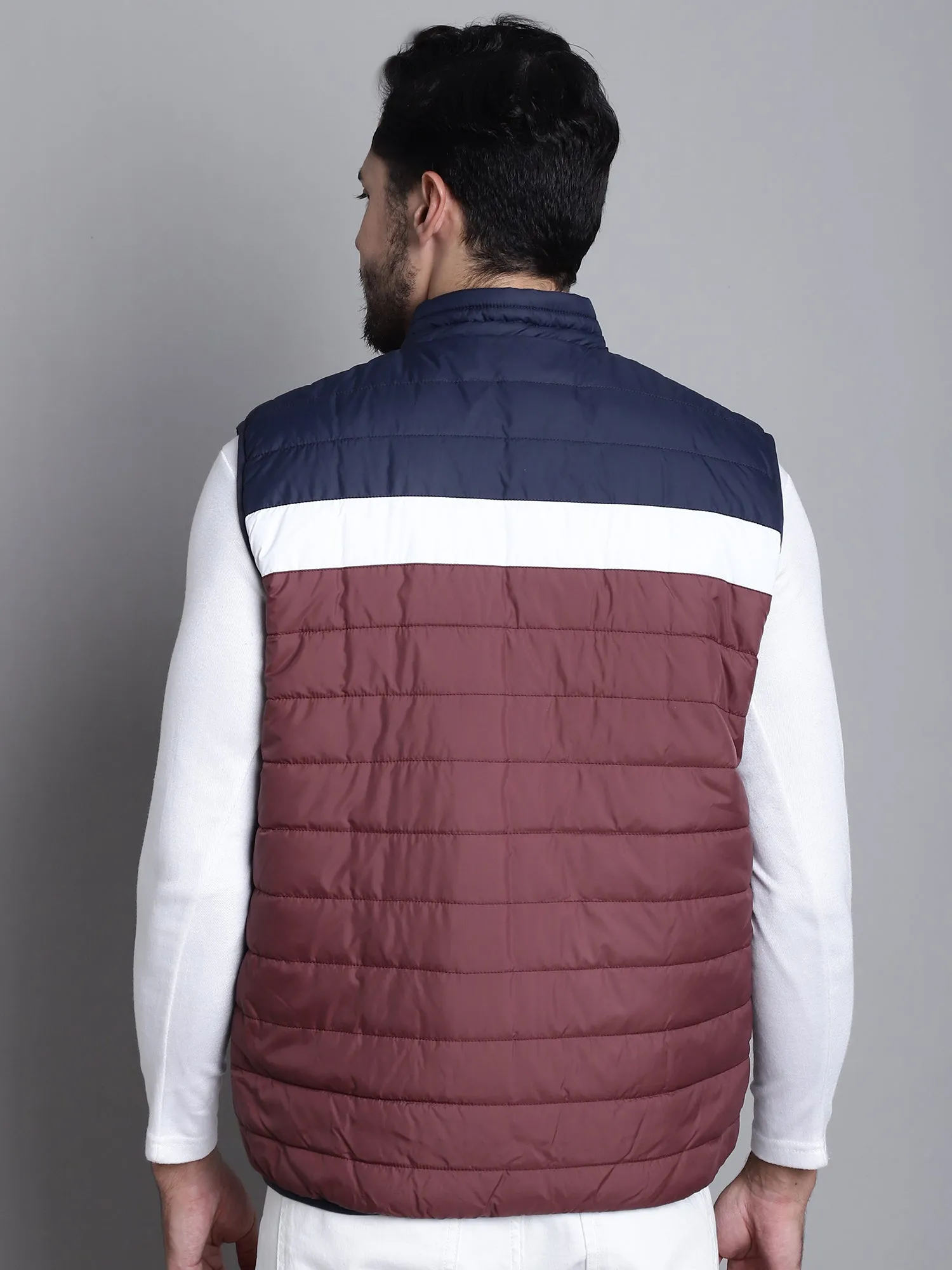 Cantabil Color-blocked Wine and Navy Sleeveless Mock Collar Regular Fit Reversible Casual Jacket For Mens