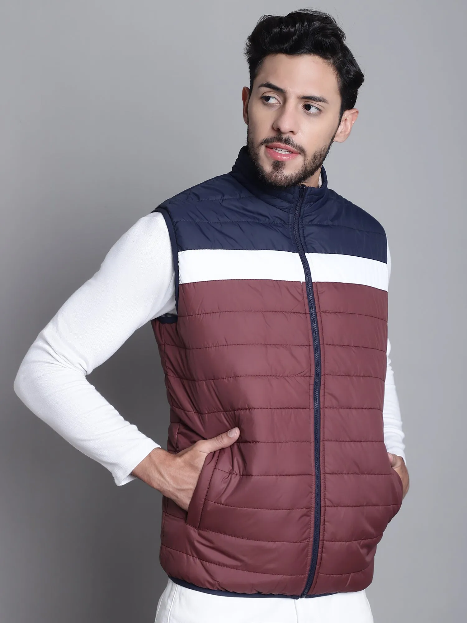 Cantabil Color-blocked Wine and Navy Sleeveless Mock Collar Regular Fit Reversible Casual Jacket For Mens