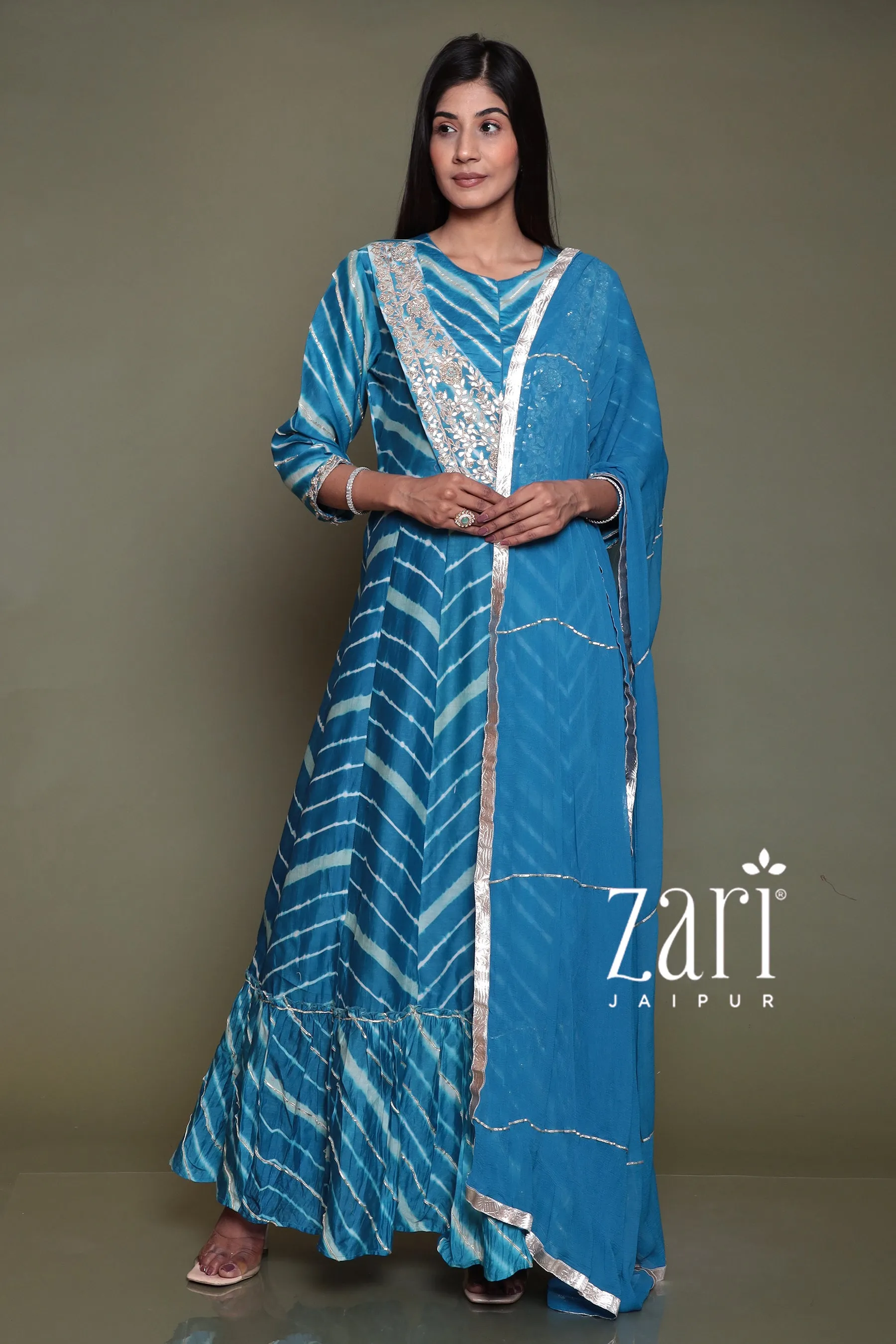 Chanderi silk  Leheriya Suit with Aari, Gota Patti, Sequins, Thread, Zardozi work.