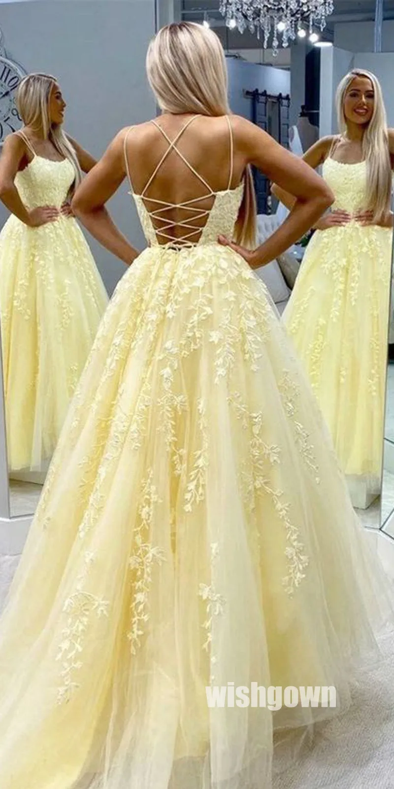 Charming Yellow Spaghetti Straps Applique Prom Dresses PG1240