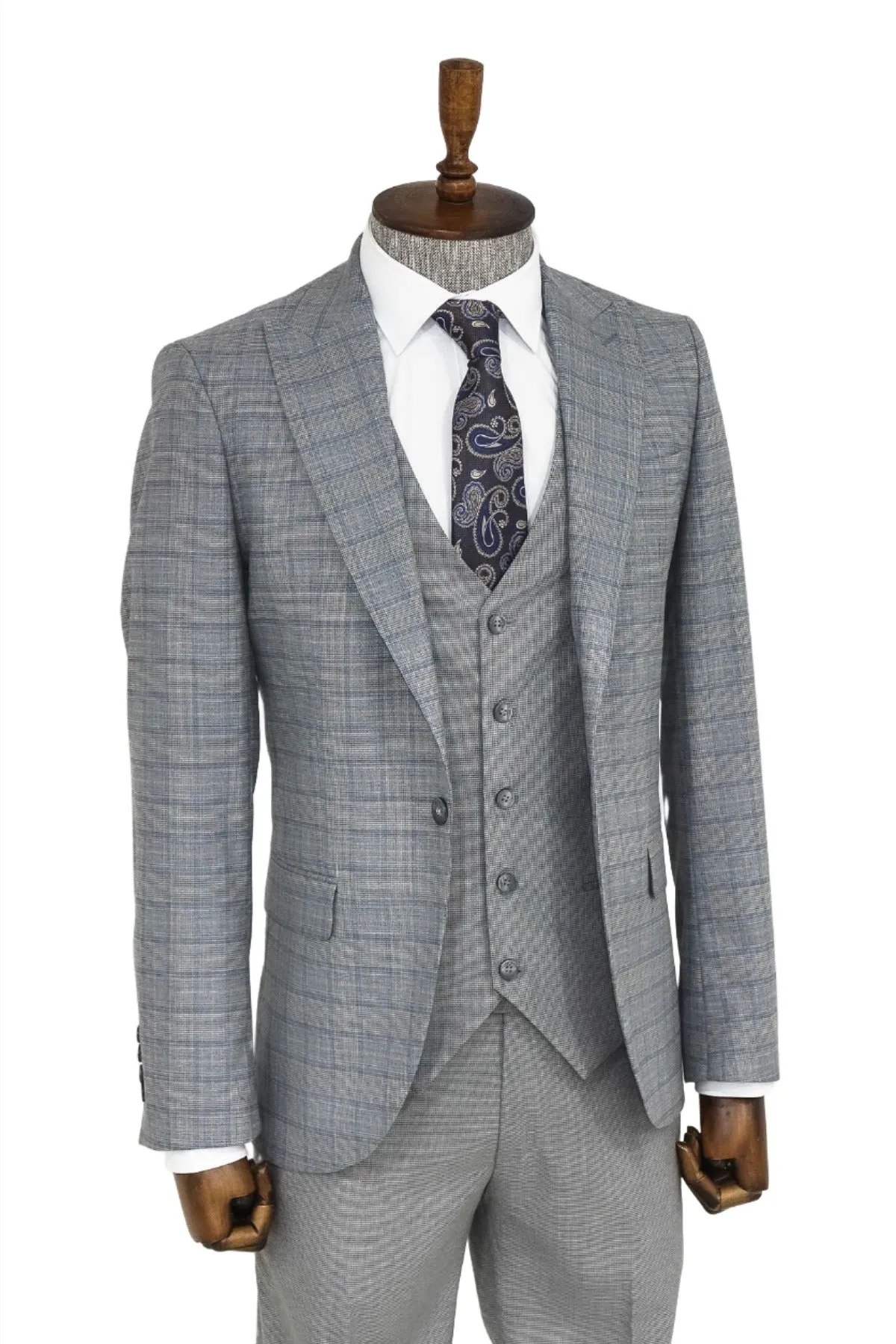 Checked Slim Fit Grey Men Suit - Wessi