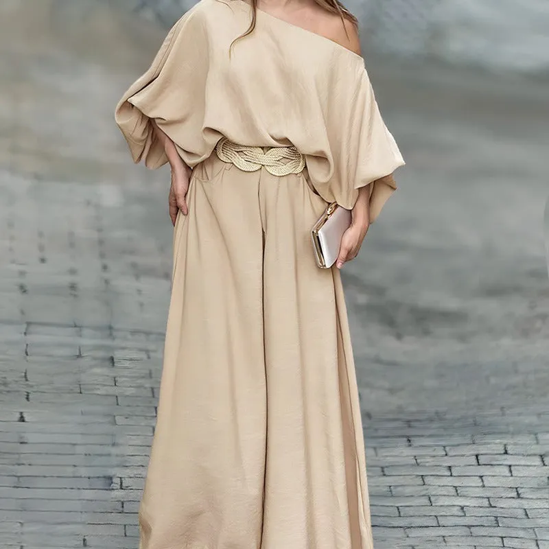 Coffee Off-the-shoulder Lantern Sleeve Loose Top Suit Wide Leg Trousers