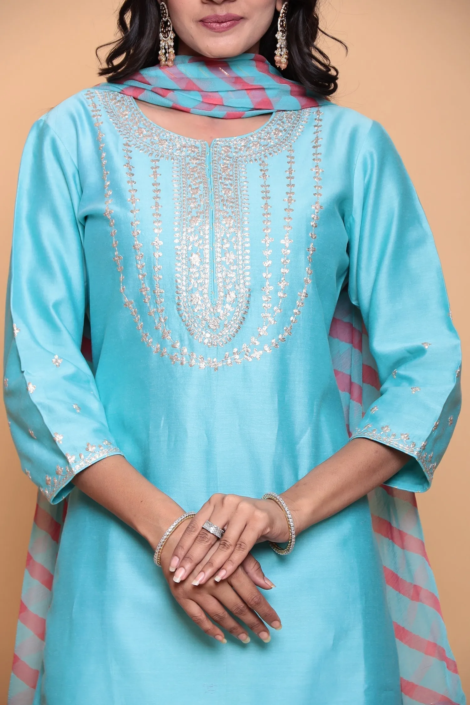 Cotton silk Kurta with Pittan work.