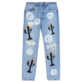 DENIM TEARS X VIRGIL ABLOH "MESSAGE IN A TEAR" PRINTED JEANS BLUE