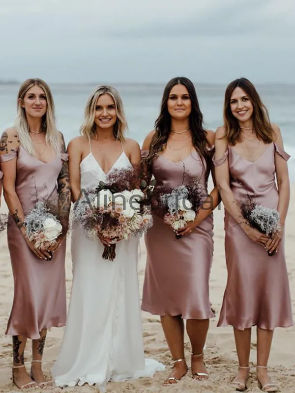 Dusty Rose Spaghetti Strap Off Shoulder Knee Length Bridesmaid Dresses, AB4102