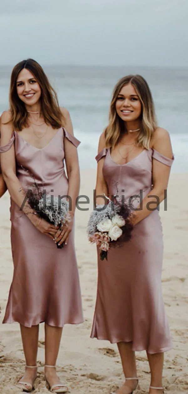 Dusty Rose Spaghetti Strap Off Shoulder Knee Length Bridesmaid Dresses, AB4102