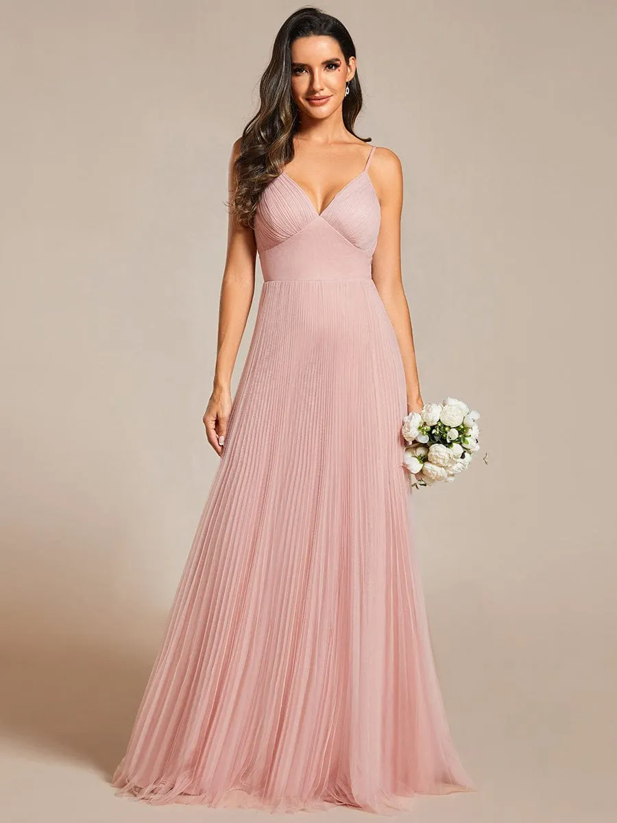 Empire Waist Spaghetti Sratp V-Neck Backless Tulle Bridesmaid Dress