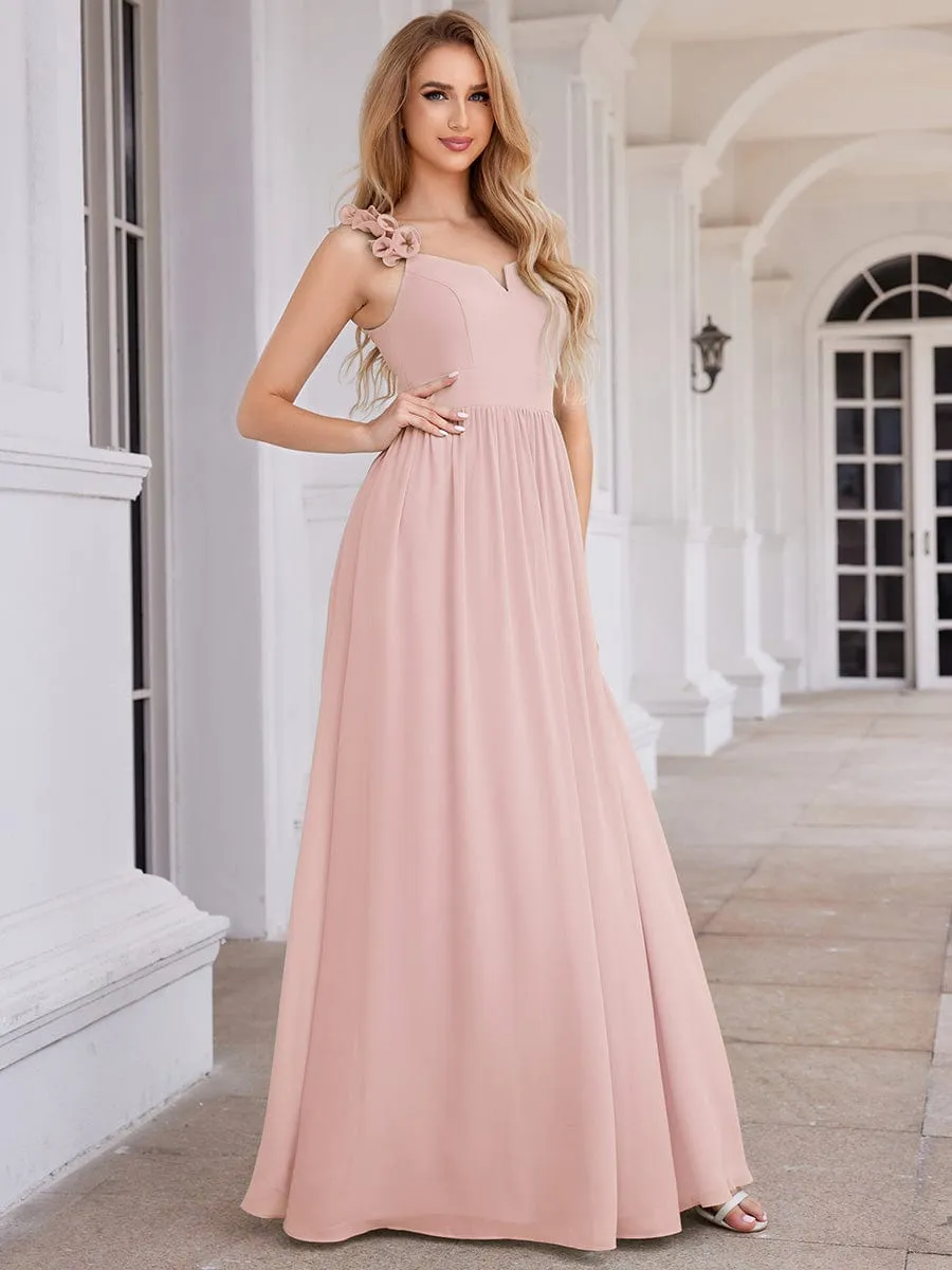 Floral Strap V-Neck Chiffon Bridesmaid Dress with A-Line Silhouette