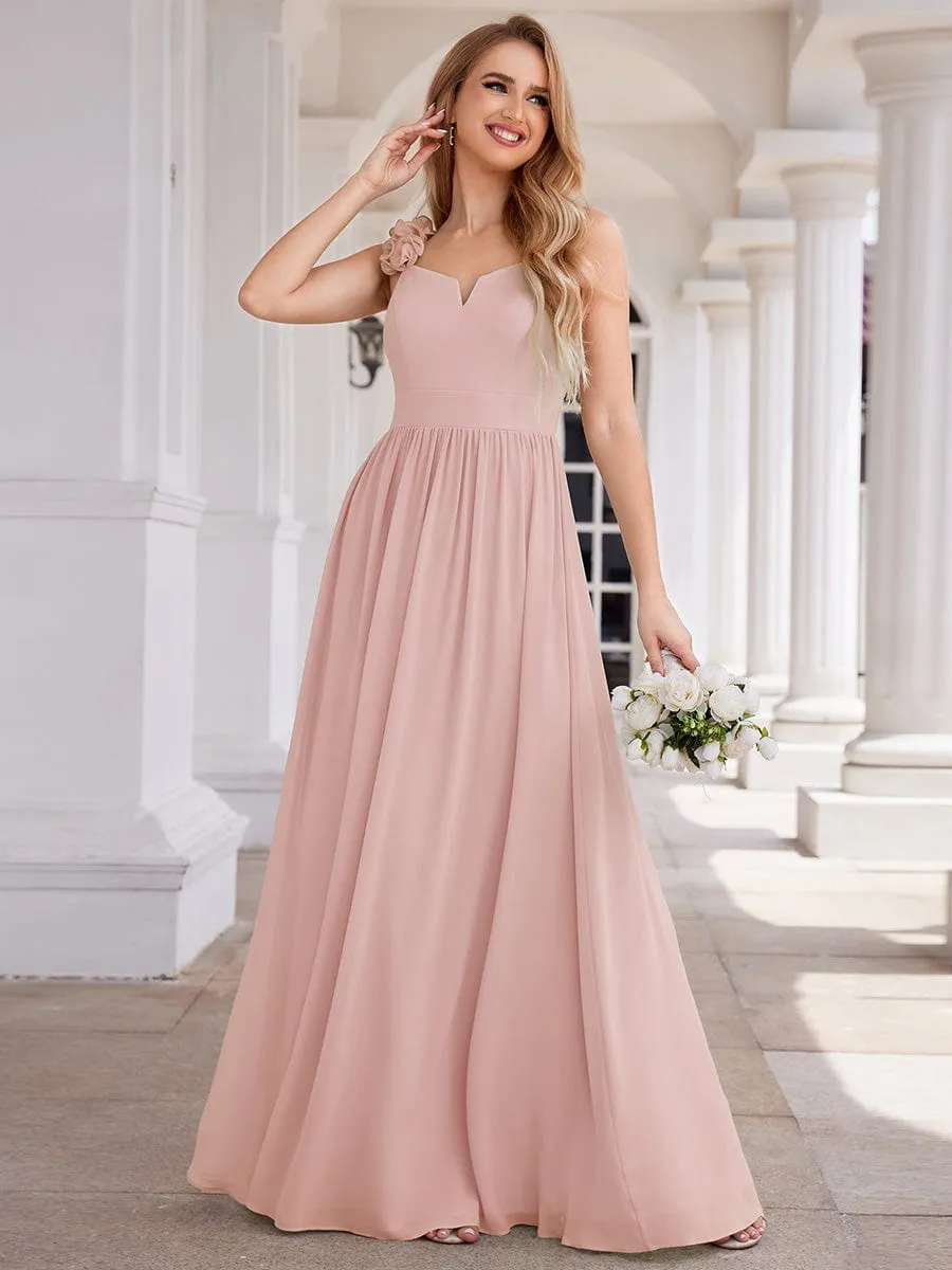 Floral Strap V-Neck Chiffon Bridesmaid Dress with A-Line Silhouette