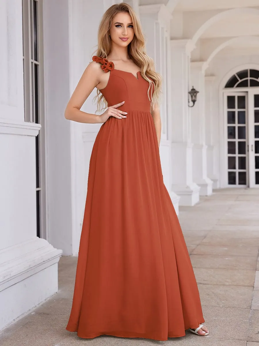 Floral Strap V-Neck Chiffon Bridesmaid Dress with A-Line Silhouette