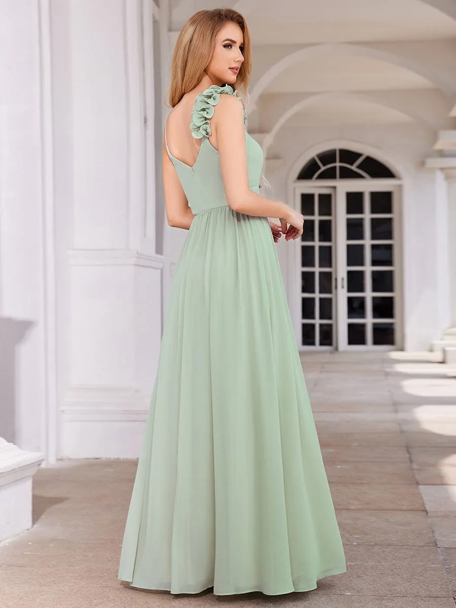 Floral Strap V-Neck Chiffon Bridesmaid Dress with A-Line Silhouette