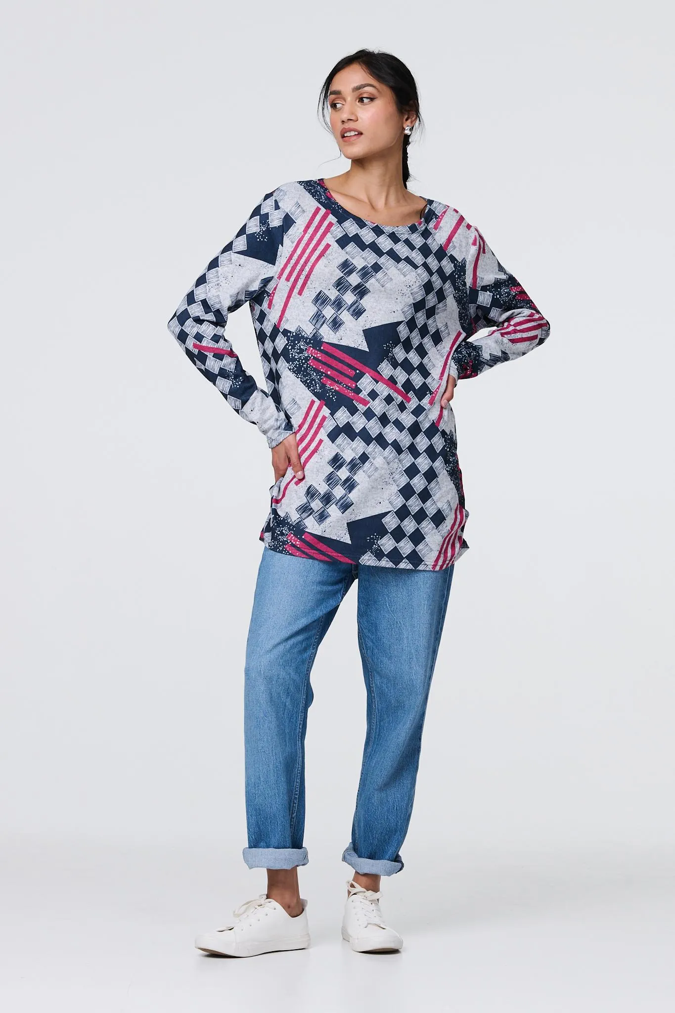 Geo Print Long Sleeve Tunic Top