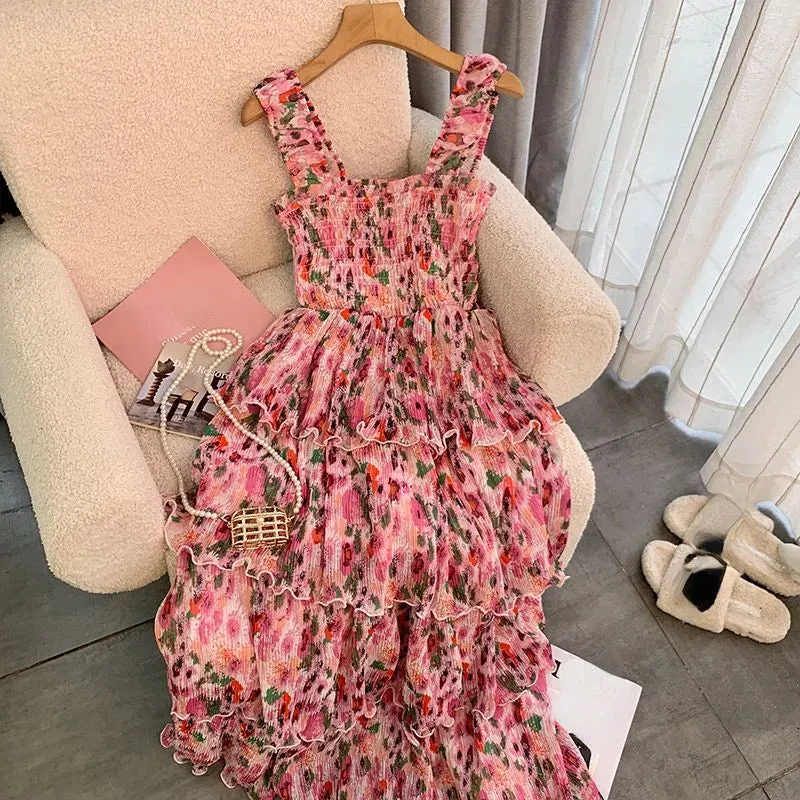 Girlary Fragmented Floral Suspender Dress Women Temperament New Print Flower Robe Femme High Waist Fungus Cake Dress Women