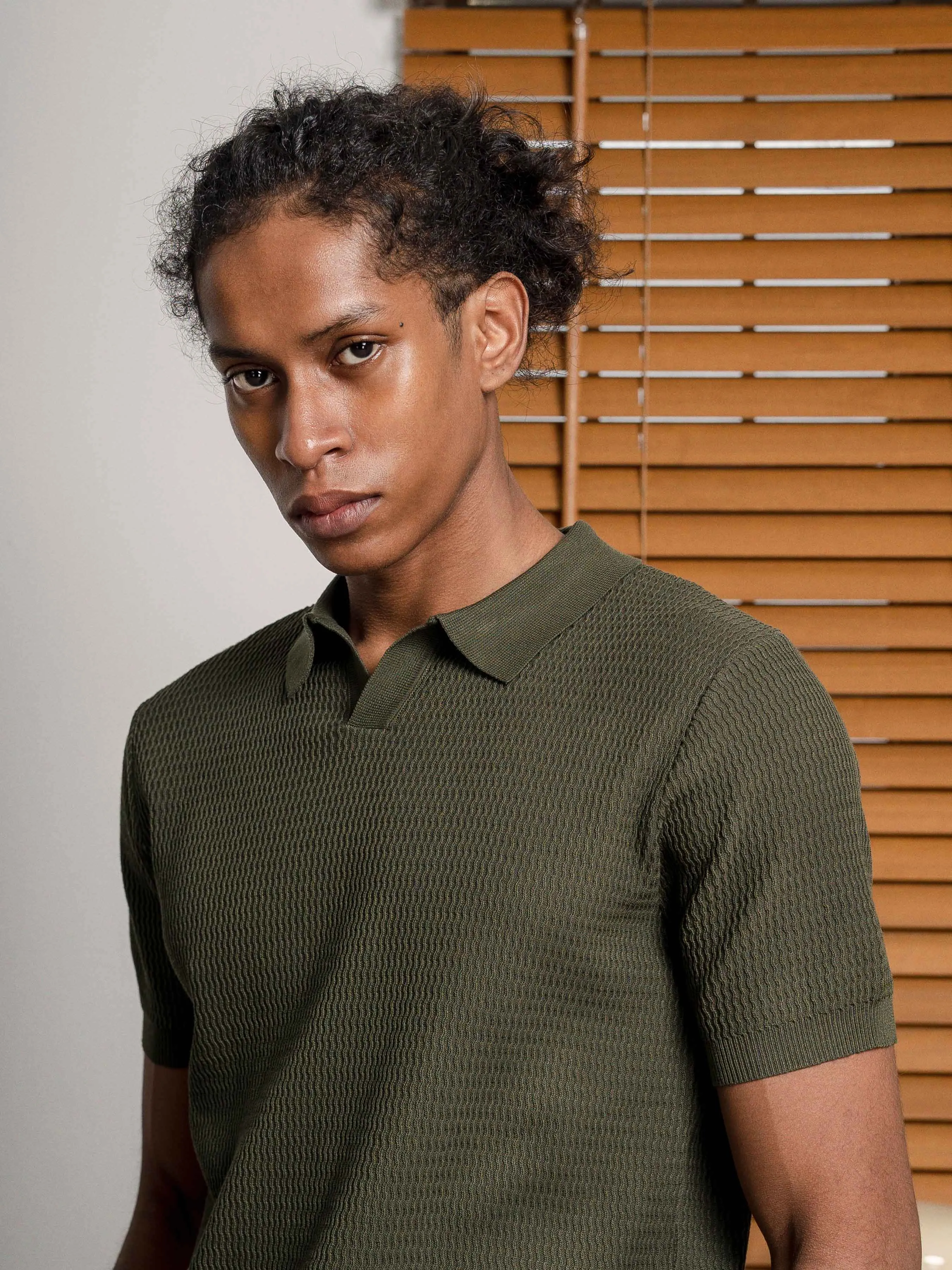 Henri Knit Polo Tee - Olive Green Open Collar