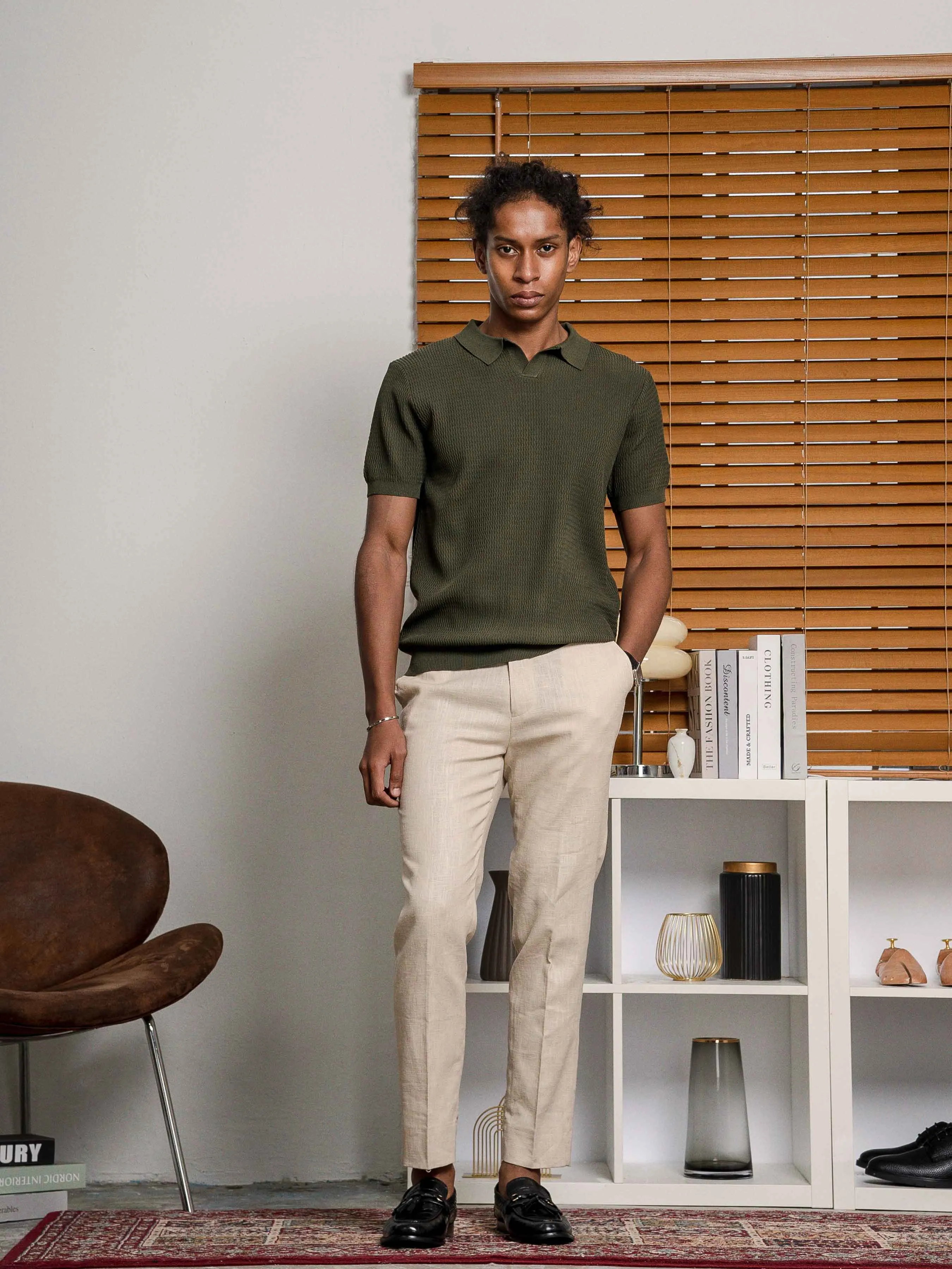 Henri Knit Polo Tee - Olive Green Open Collar