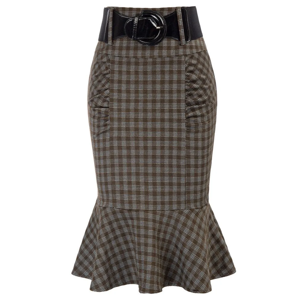 Houndstooth Mermaid Hem Shirred Detail Pencil Skirt with Belt