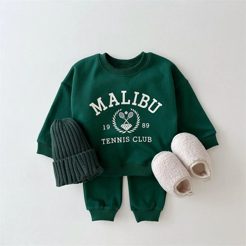 Korean Style Children&#039;s New Winter Clothing Suit For Boys And Girls Printed Letter Racket Fleece Sweatshirt Leggings Sweatpants Two-piece Set