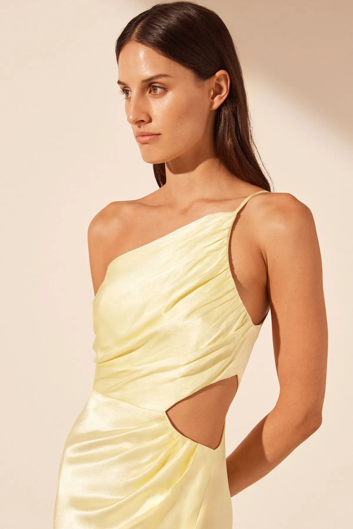 LA LUNE ASYMMETRICAL GATHERED MAXI DRESS - LEMON