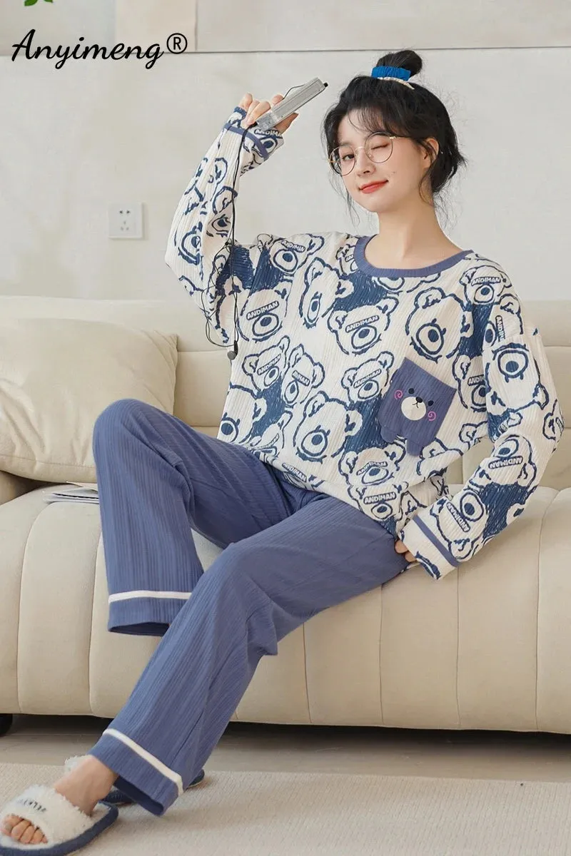 LVSANW Autumn Winter New Korean Kawaii Pajama Set for Women Pajamas Cotton Long Sleeve Big Pijamas Fashion Sleepwear Plus Size 4xl 5xl