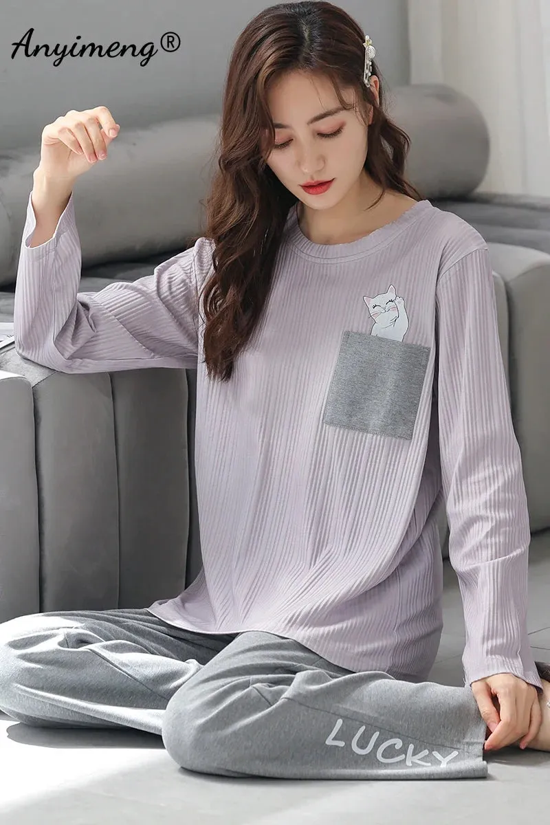 LVSANW Autumn Winter New Korean Kawaii Pajama Set for Women Pajamas Cotton Long Sleeve Big Pijamas Fashion Sleepwear Plus Size 4xl 5xl