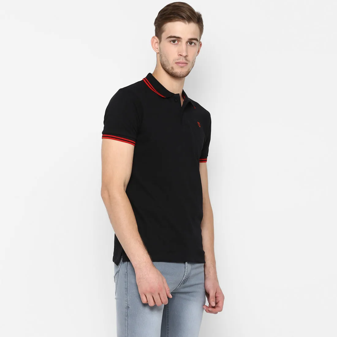 Men's Black Solid Slim Fit Half Sleeve Cotton Polo T-Shirt