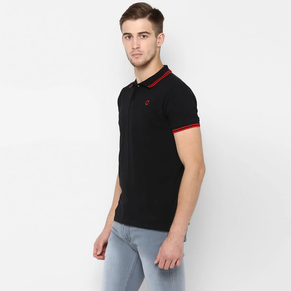 Men's Black Solid Slim Fit Half Sleeve Cotton Polo T-Shirt