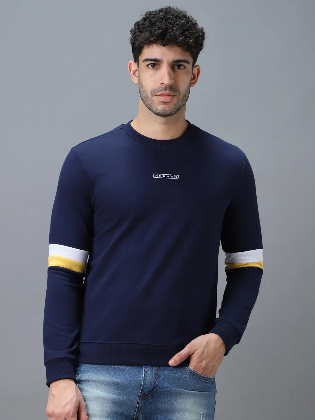 Men's Blue Cotton Color Block Round Neck Sweatshirt