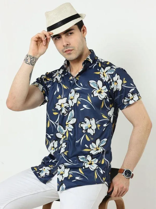 Men's Floral Print Casual Shirt - Regular Fit with Spread Collar