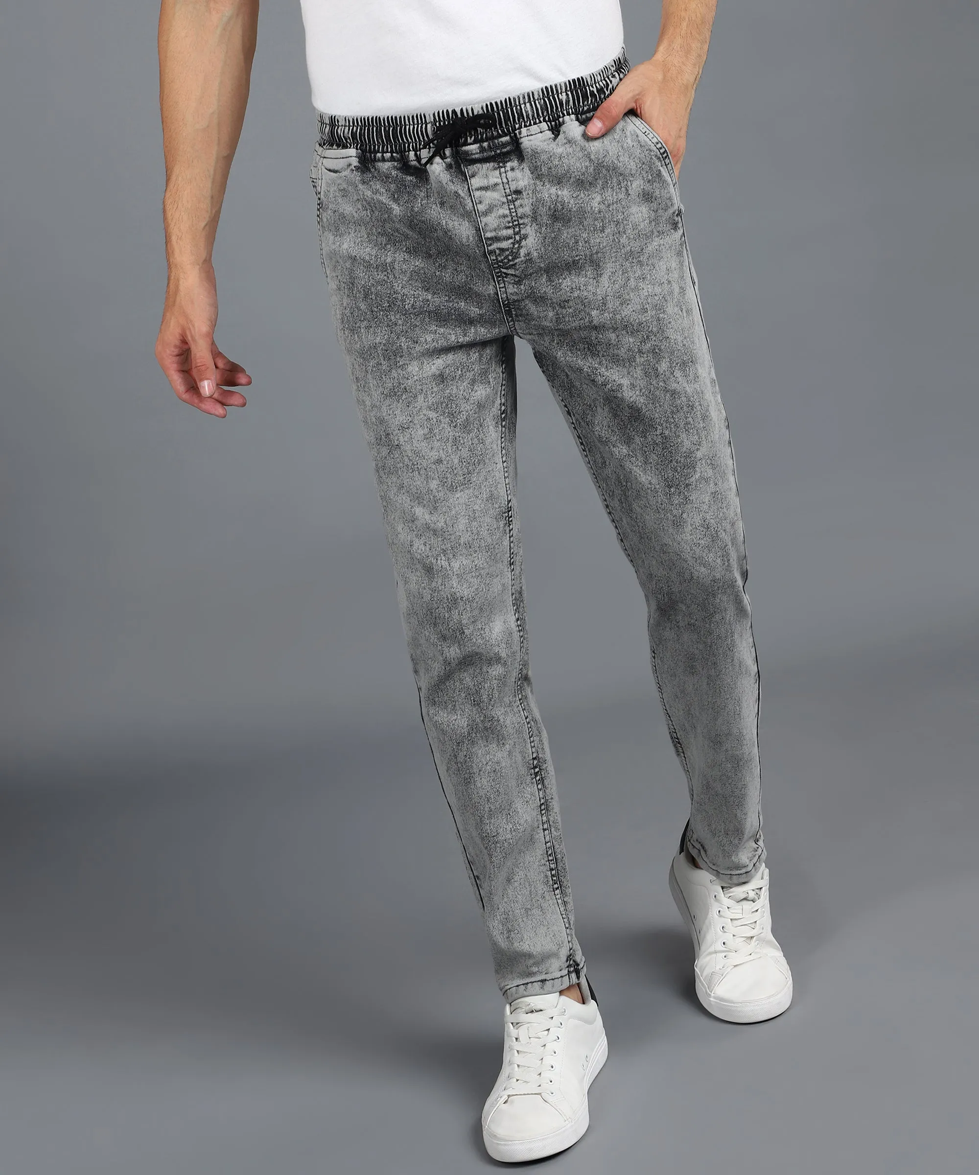 Men's Ice Grey Regular Fit Washed Jogger Jeans Stretchable