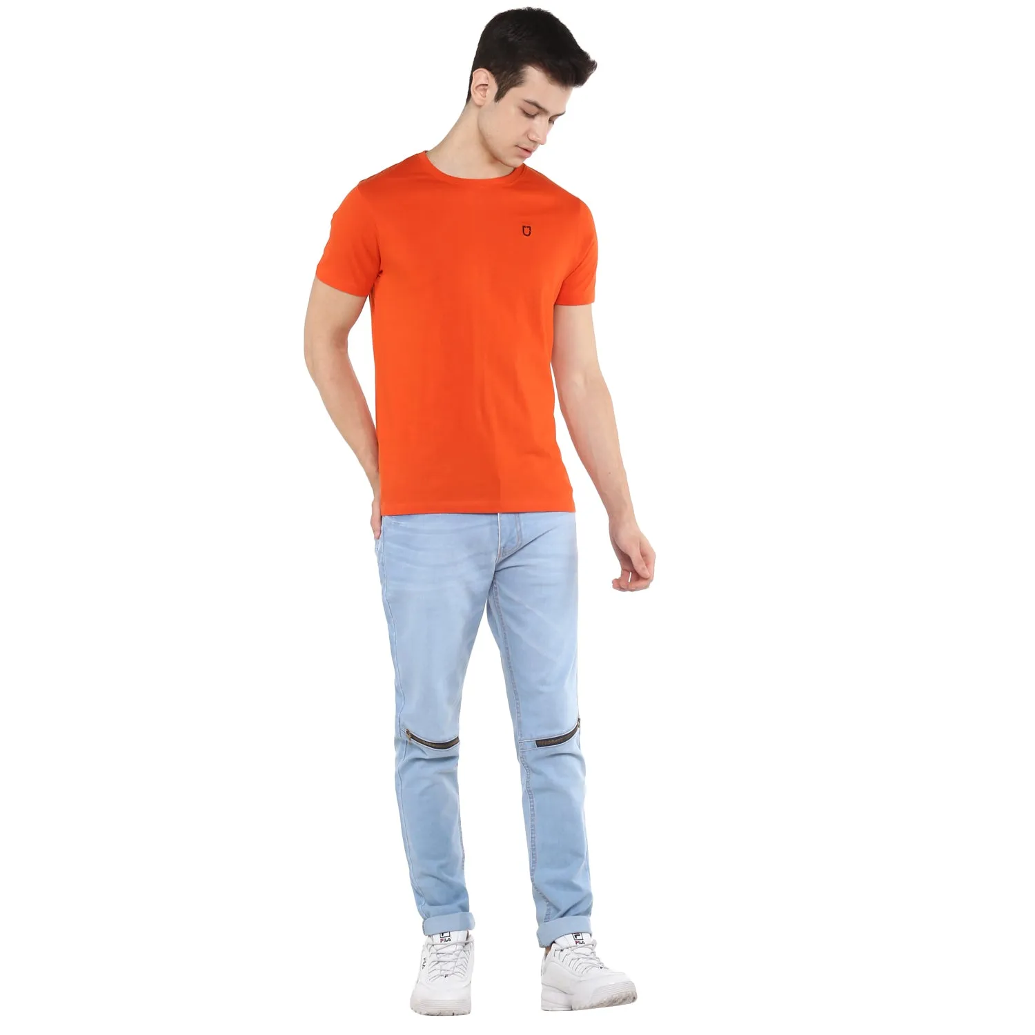 Men's Orange Solid Slim Fit Round Neck Cotton T-Shirt