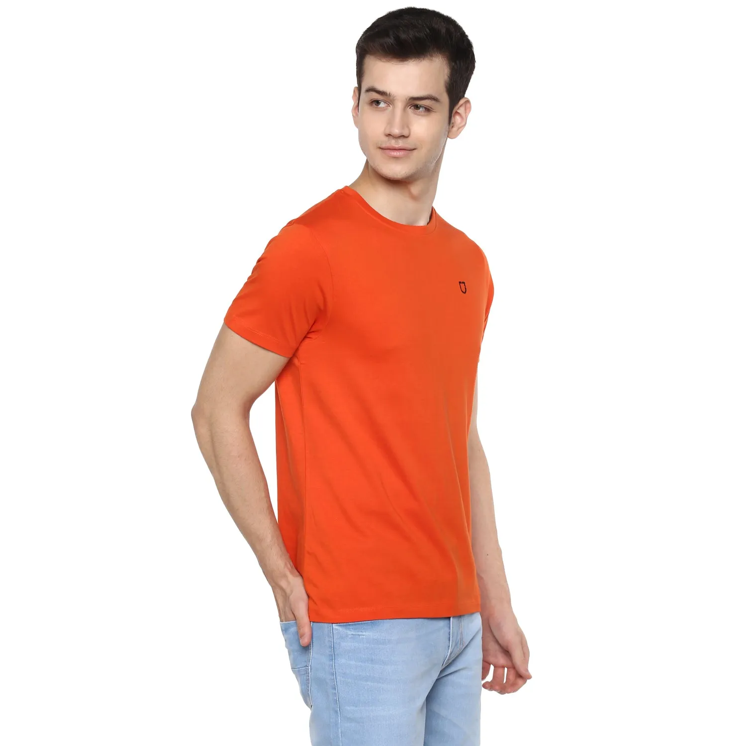 Men's Orange Solid Slim Fit Round Neck Cotton T-Shirt