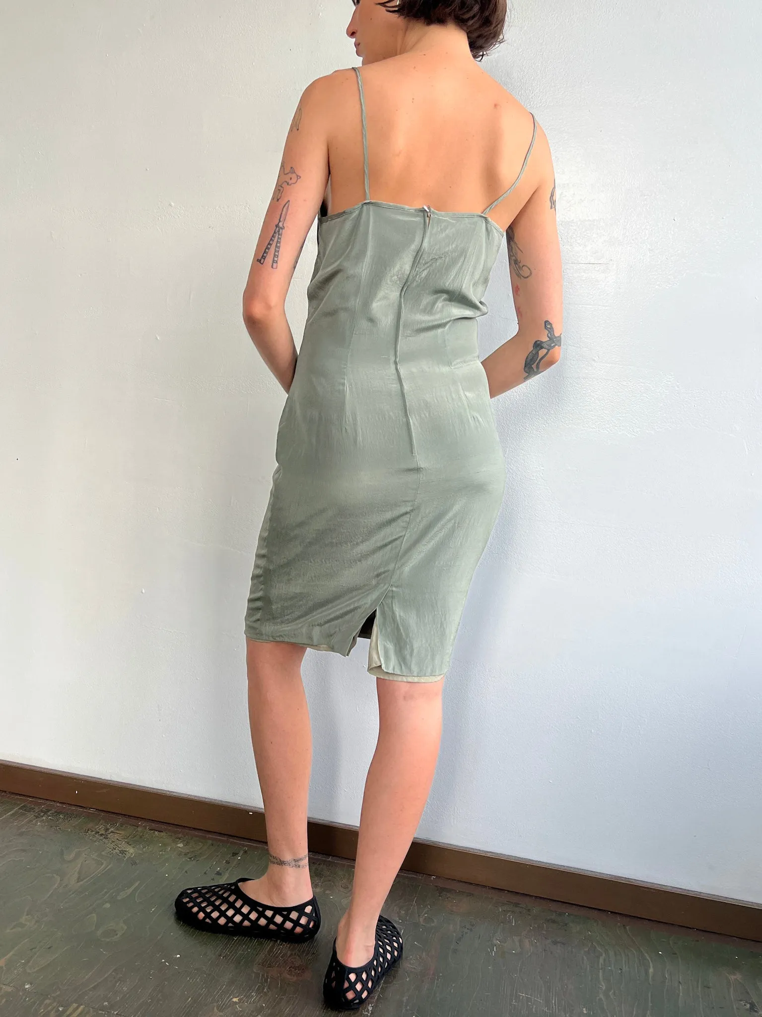 Sage Silk Spaghetti Strap Dress (S)