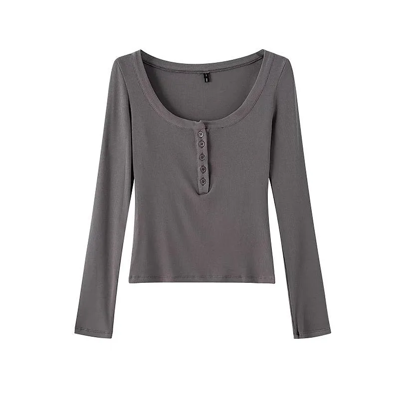 sexy Spring Scoop Solid Color Elastic Half-Open Buckle Tight Long-Sleeved T-shirt Bottoming Shirt