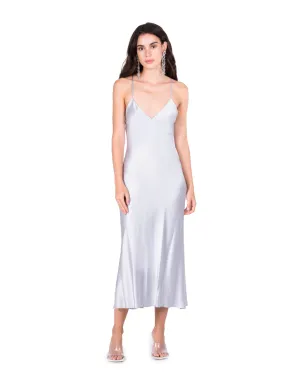 Silver Blue Open Back Cross Strap Midi Slip Dress