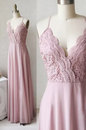 solvbao Pink Chiffon Lace Long Prom Dresses, V-Neck Spaghetti Strap Party Dresses